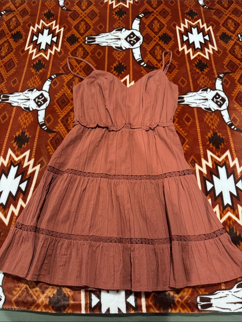 Tiered Spaghetti-Strap Mini Dress in Rust